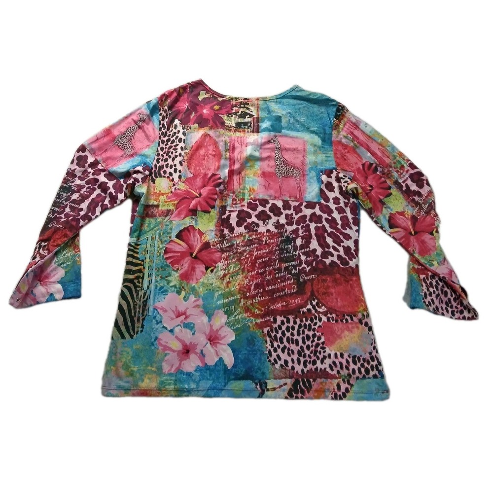 Mesmerize Boho Chic Womens Patchwork Floral Animal Print 3/4 Sleeve V-Neck Sz XL - Picture 2 of 8